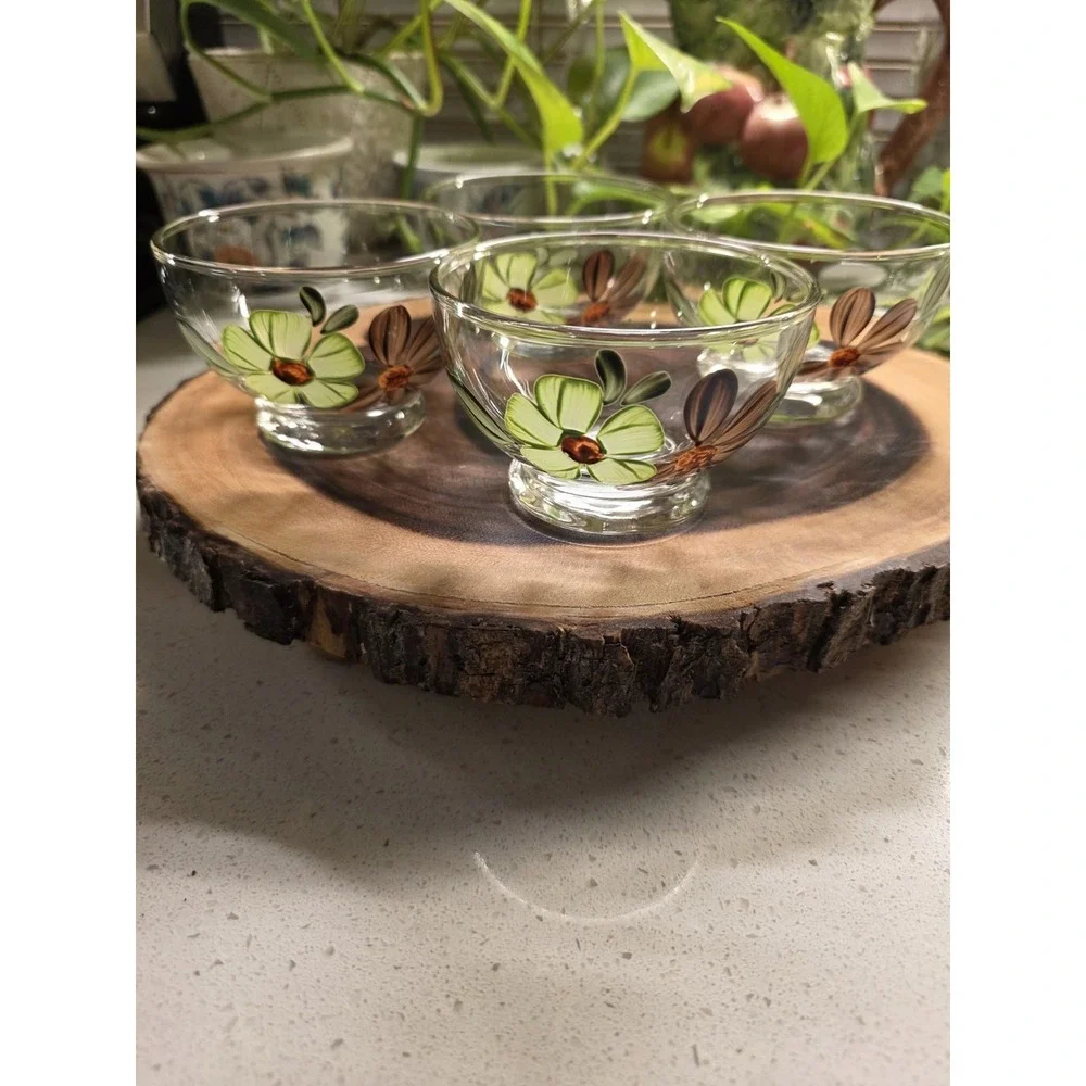 4 VTG BLUE‎ RIDGE POTTERY DAISY SHERBET BOWLS SUN BOUQUET GLASS Green Floral